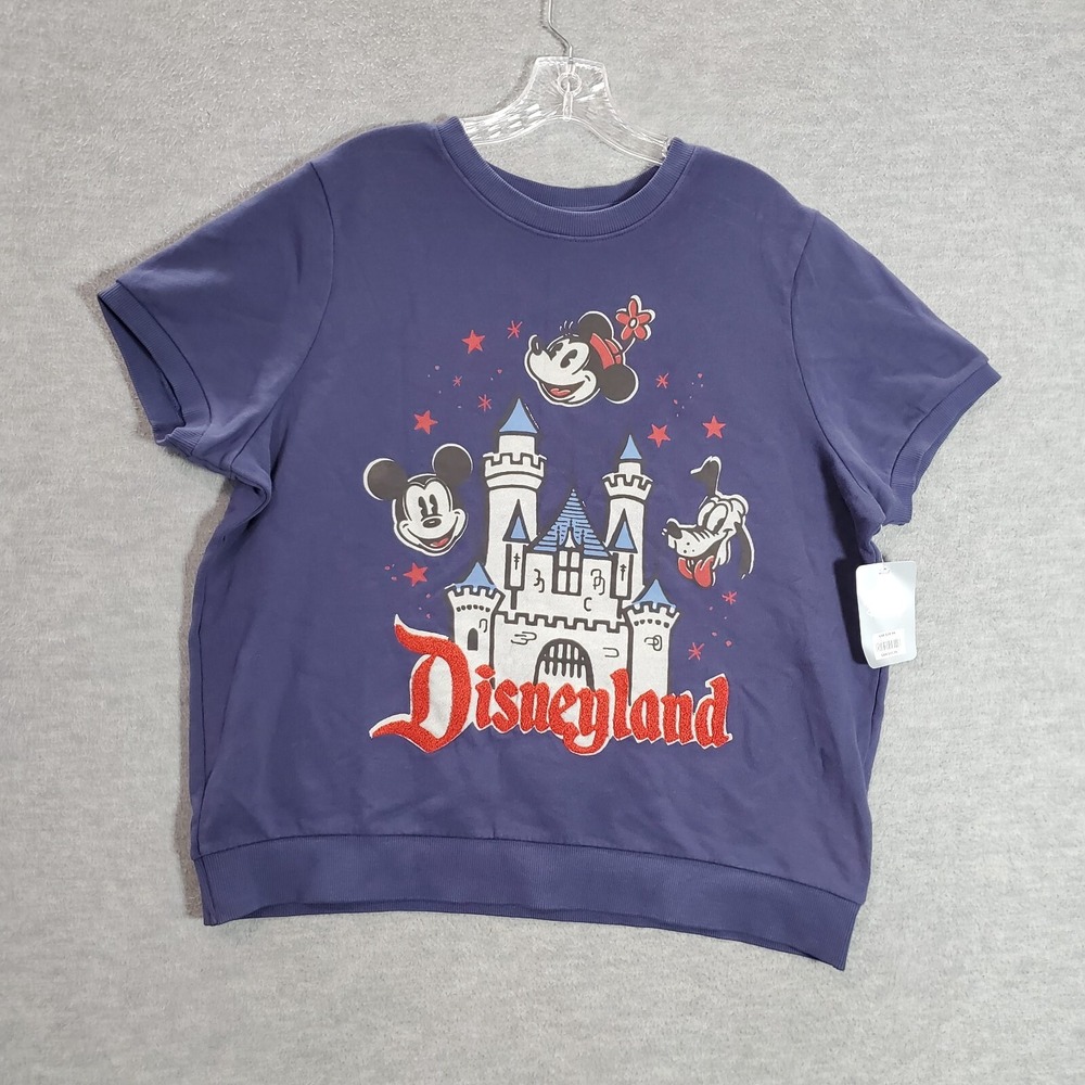 Disney Women Sweatshirt Large Blue Terry Logo Castle Mickey Minnie Mouse NWT
